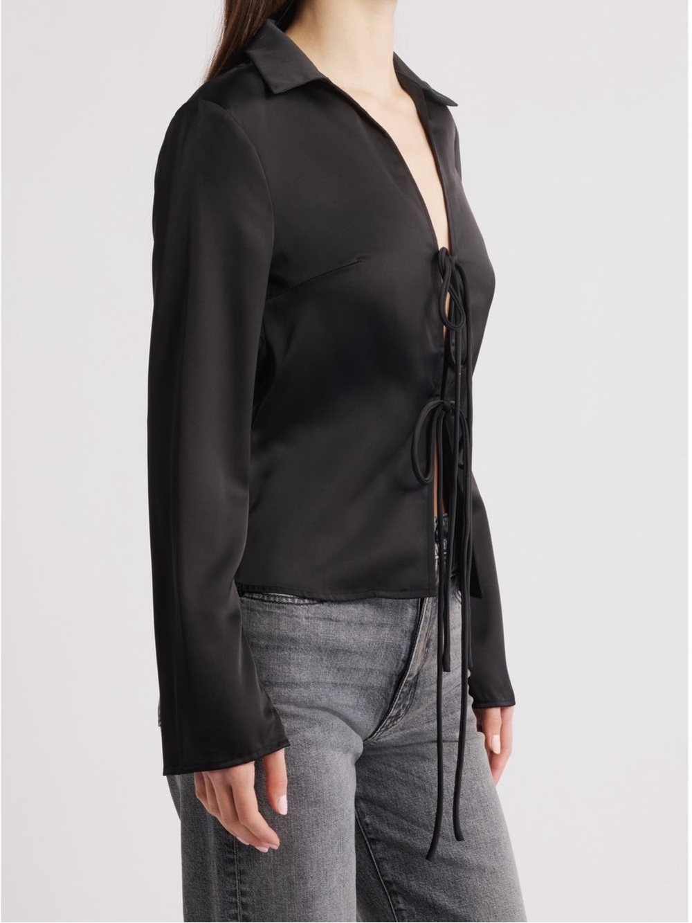 Nasty Gal Black Satin Tie-Front Long Sleeve Blouse - Picture 3 of 8